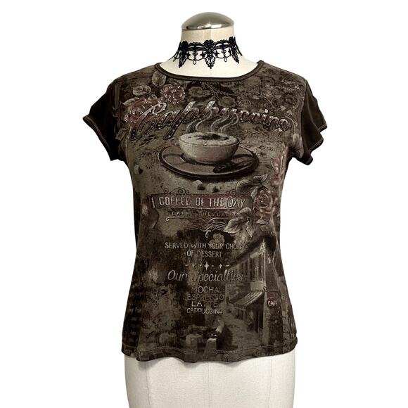 Vtg Y2k Blue Canyon Embellished Mc Bling Burnout Baby Tee Rhinestone Grunge S - Picture 1 of 15